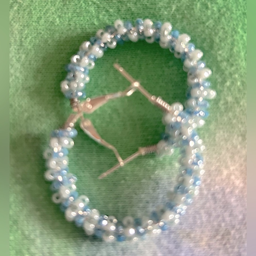 Hand-beaded Blue Sky 1”Hoop Earrings NWOT